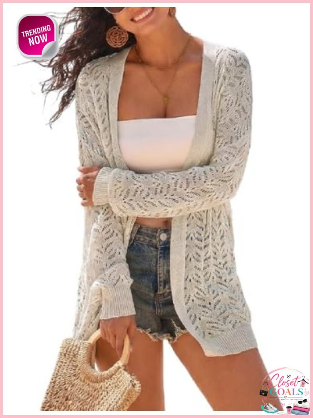 Oversized Crochet Linen Blend Open Front Cardigan Lightweight Beach Cover Up